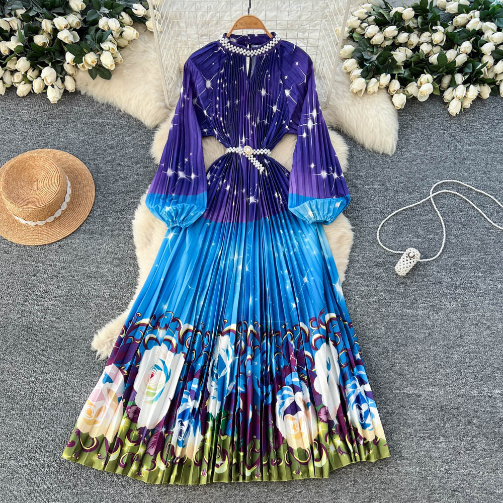 European and american style high-end beaded and printed pleated dress - women's gradient korean style long sleeve pearl button pleated maxi dress - commute friendly