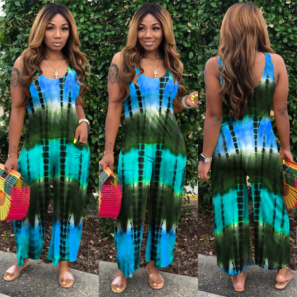 S390141 European and American summer wholesale casual off-the-shoulder hollow printing suspender jumpsuit fashionable wide-leg pants women