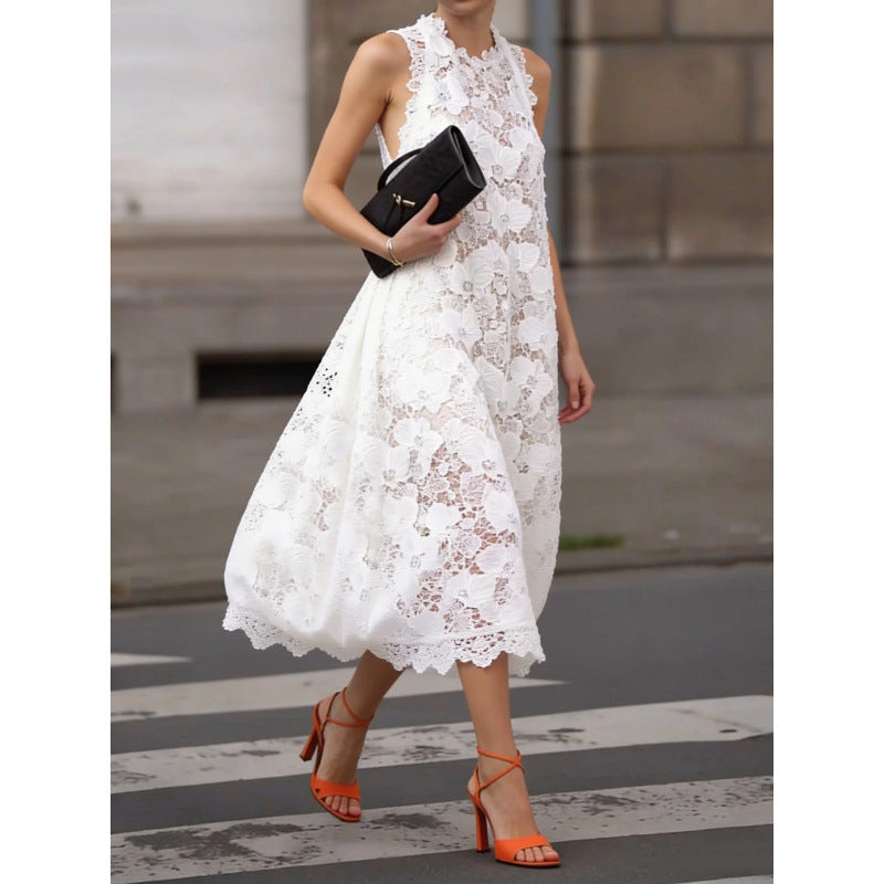 Amazon european style gentle temperament minimalist lace round neck sleeveless dress women's summer new arrival