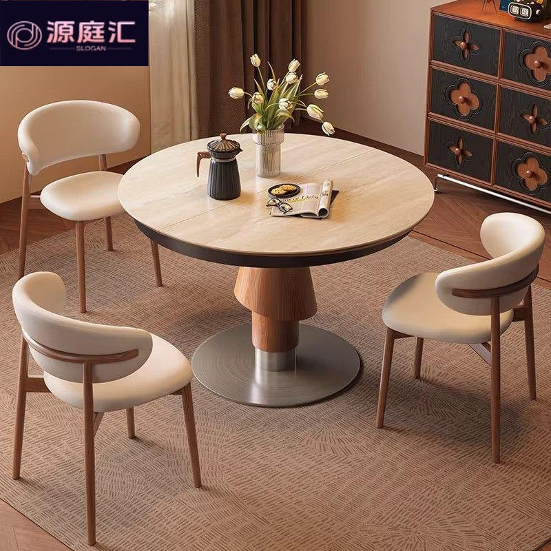 Vintage-style extendable dining table, foldable convertible round table, round travertine rock slab solid wood high-end round table for home use