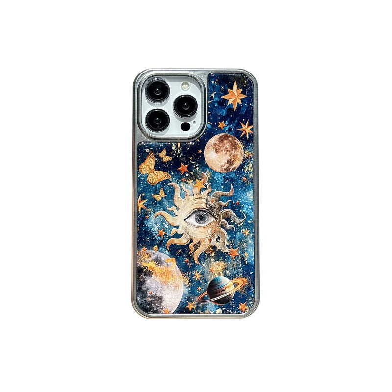 Starry sky eye iphone 17 pro max electroplated drop-proof phone case, apple 16 silver edge epoxy protective cover