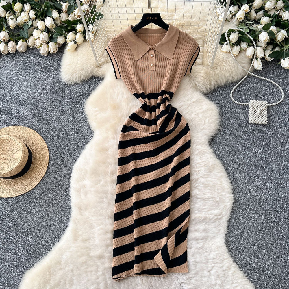 Korean chic niche retro fashion color block diagonal stripe dress - women's slim fit bodycon knit mini dress with slit