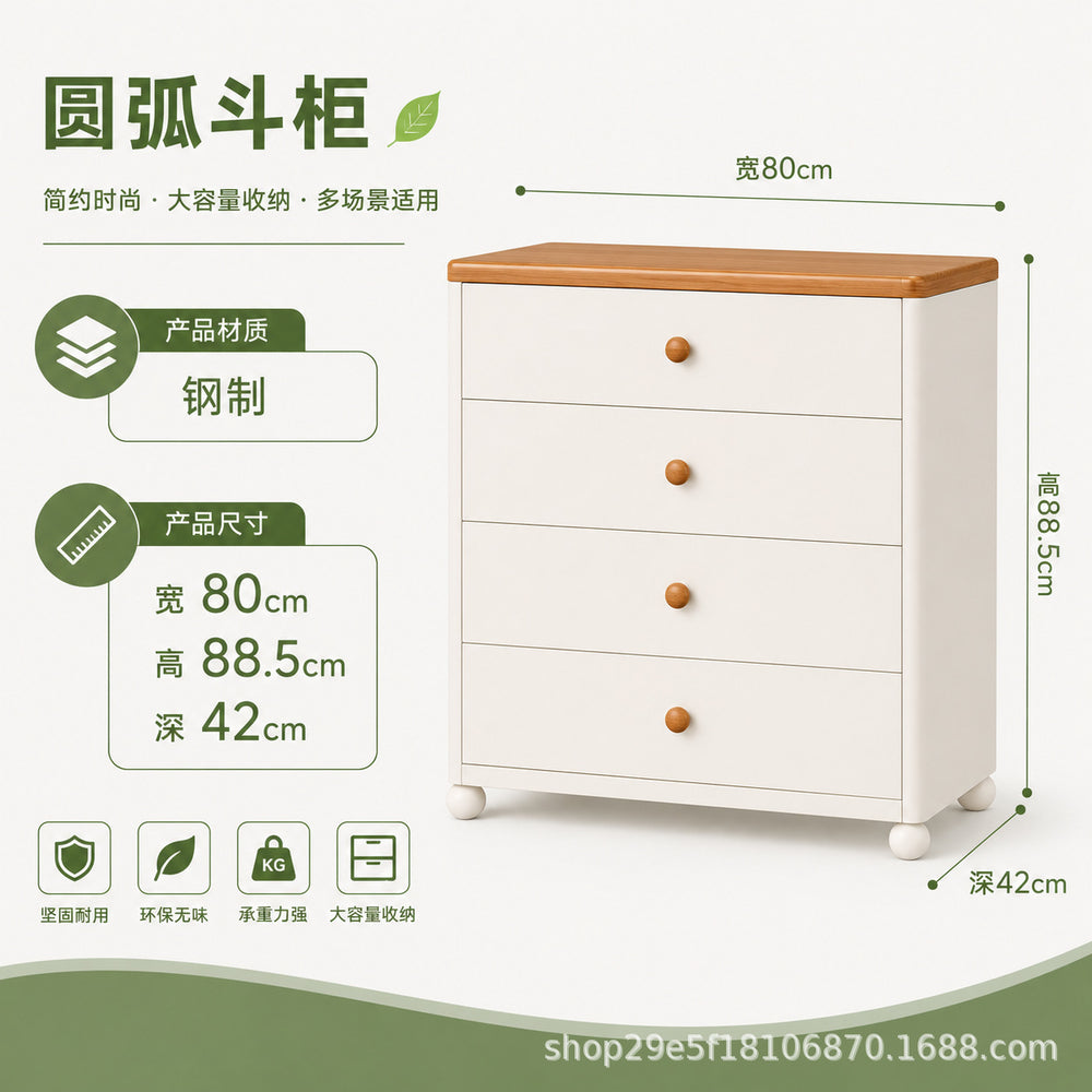 new steel low cabinet with rounded corners, freestanding five-drawer unit, wall-mounted integrated storage cabinet, kids' organizer