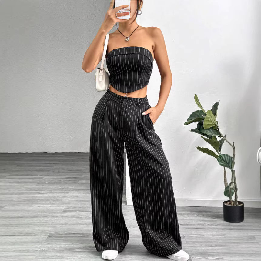 cross-border fashion shein women's striped strapless top and loose, slimming suit pant set