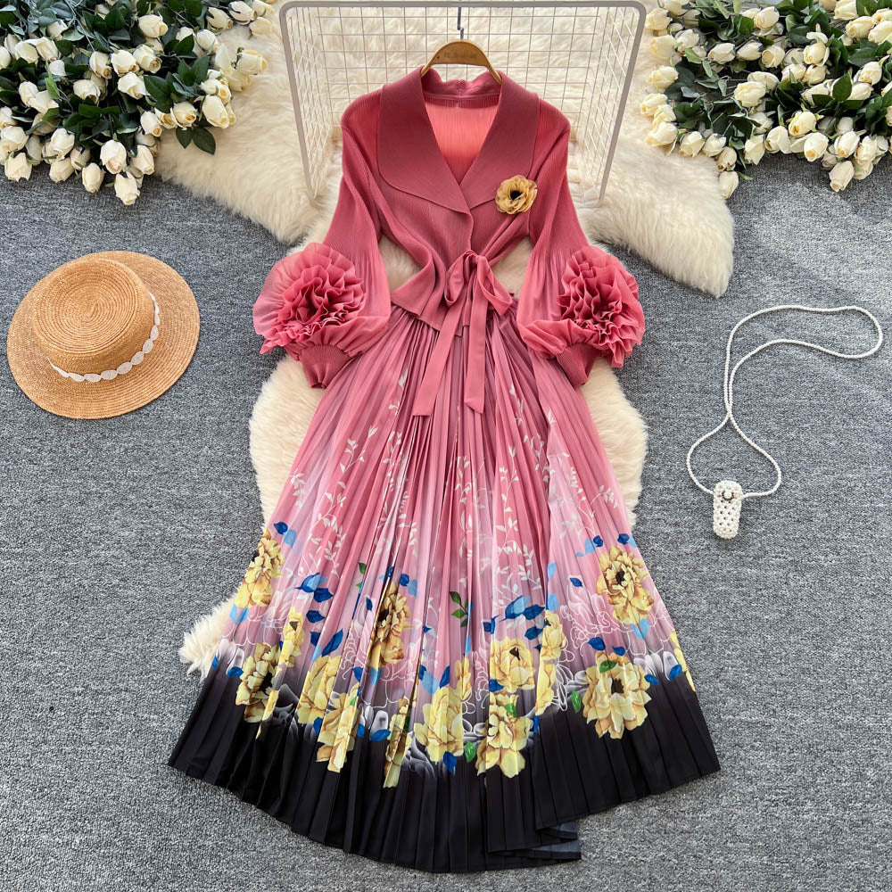 Miya pleated dress women's autumn fashion european and american style 3d floral lantern sleeve tie-waist printed pleated maxi dress
