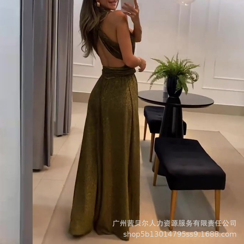 Foreign trade 2023 European and American new brown flash strap split dress