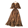 European and american style leopard print dress - women's summer ruffle sleeve, slimming waist, exquisite design, luxurious and chic, long maxi dress
