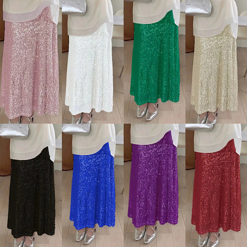 2025 European and American   new fashion sequins elastic high waist lining elastic drape skirt long skirt women