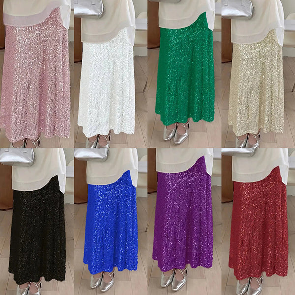 2025 European and American   new fashion sequins elastic high waist lining elastic drape skirt long skirt women