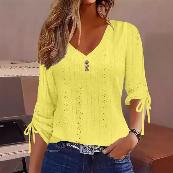 2025 Spring and Summer Europe, America,   Independent Station Cross-border New Solid Color Jacquard Button Long Sleeve T-Shirt Top