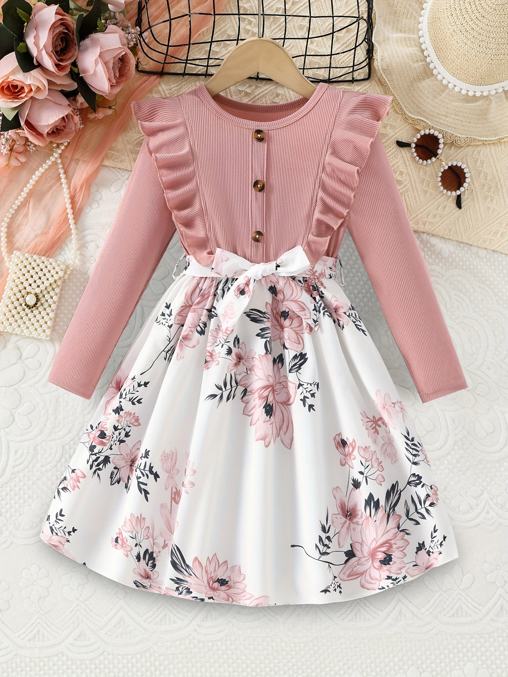 girls' dress - korean style autumn new arrival - ruffle trim long sleeve dress - floral print children's dress