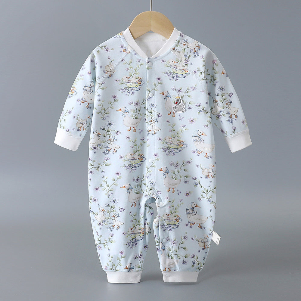 Infant and toddler pure cotton class a onesies, spring and autumn styles, long-sleeved rompers for baby boys and girls, seamless cartoon hooded pajamas, children's clothing