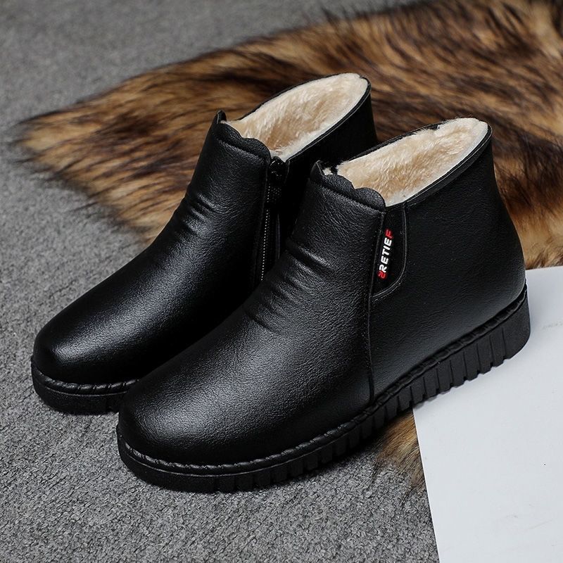 Thickenedheattech middle-aged and elderly cotton shoes women's winterladieswear shoes fleece-linednon-slipflats soft bottom plaid grandma leather shoes