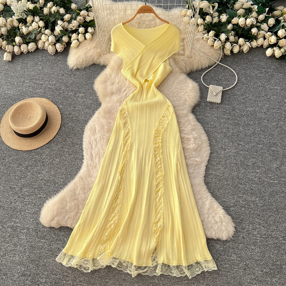 Luxury off-the-shoulder lace trim a-line knit dress - women's summer sleeveless high-end commute chic maxi dress