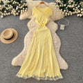 Luxury off-the-shoulder lace trim a-line knit dress - women's summer sleeveless high-end commute chic maxi dress