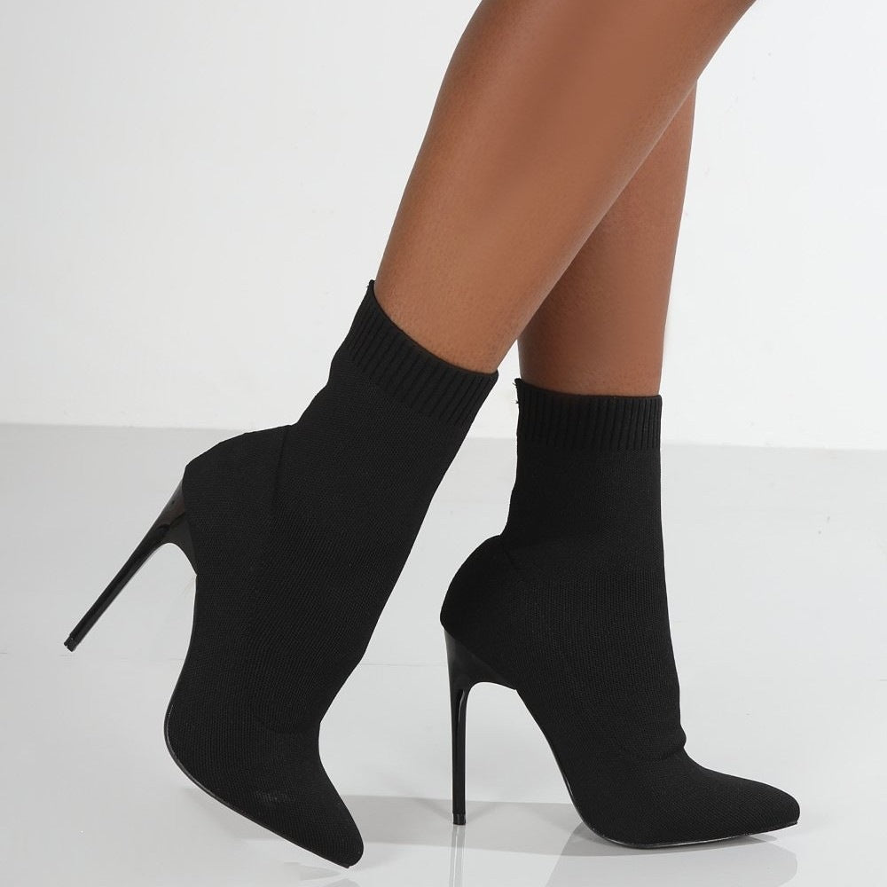 Exportplus sizefashion autumn style in stock pointed toe knitting knee socks high heel stiletto women's boots fly knit women's elastic sock boots
