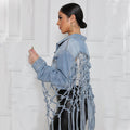 Real shot braided denim jacket for women, new hot-selling european and american style, blue washed jacket, loose denim top