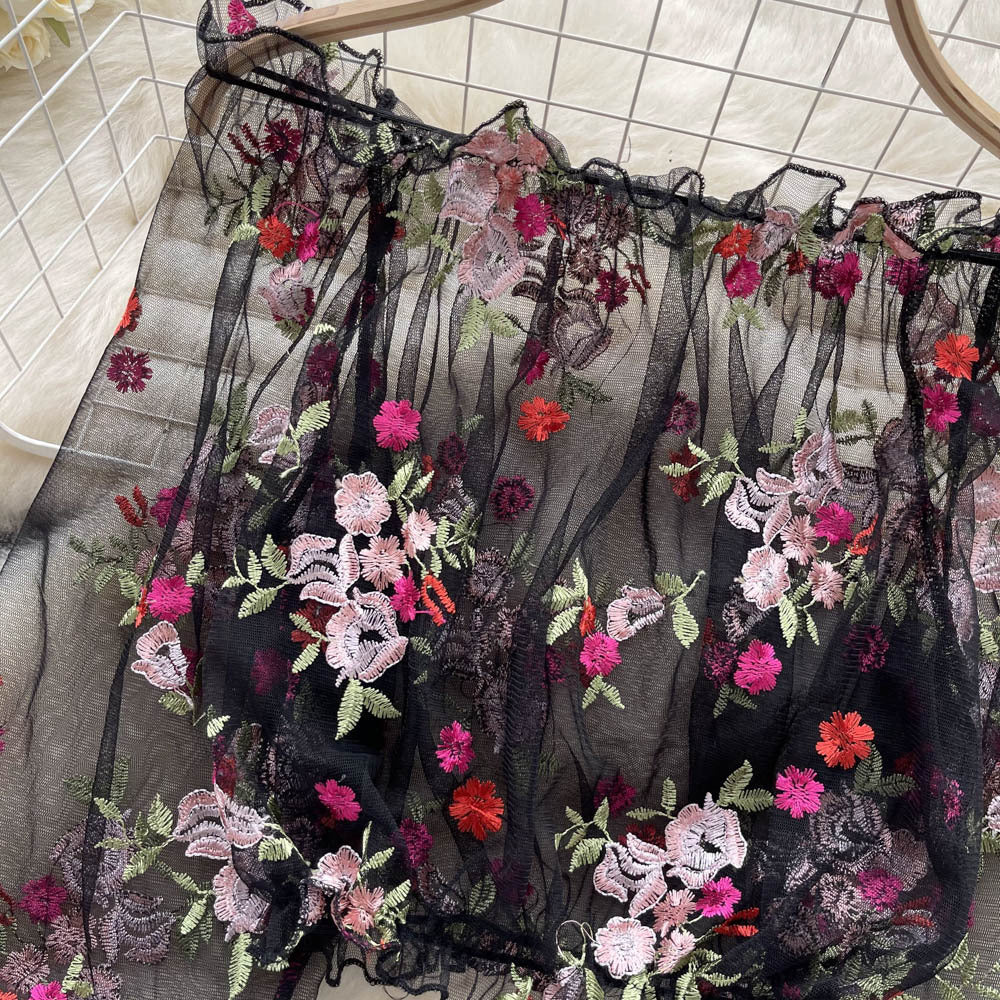 One shoulder mesh embroider see-through shirt for women summerloose outer wear puff sleeve short blouse long sleeves lace shirt