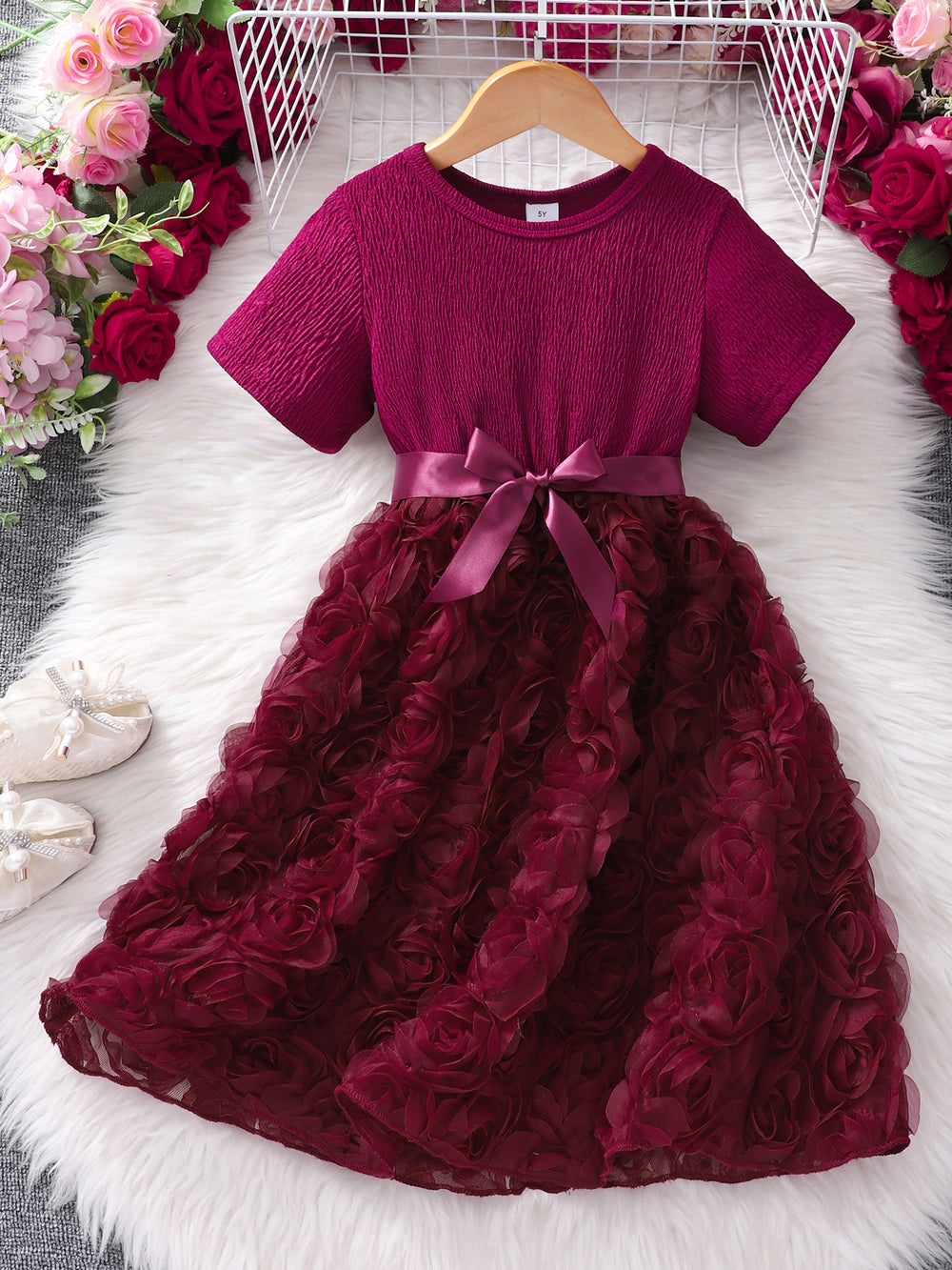 Girls' dress for toddlers and young children, 3d rose and bow dress