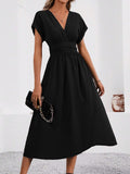 Women's summer solid color overlapping v-neck batwing sleeve waist ruched maxi elegant dress, women's long dress