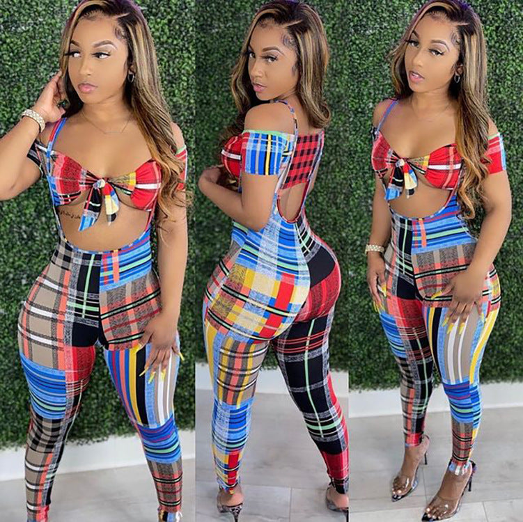 Summer european and american export women's clothing    fashion slim-fit colorful striped jumpsuit two-piece set