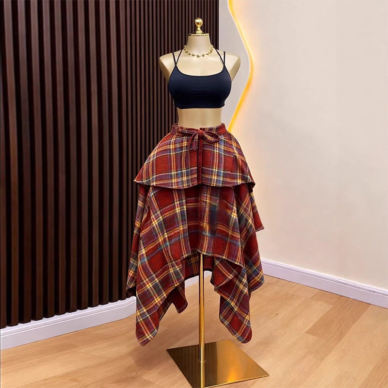 European and american cross-border women's fashion:  summer new arrival - high-waisted plaid layered midi skirt with asymmetrical hem