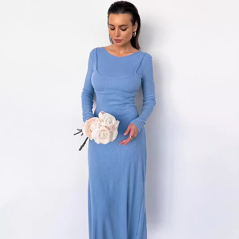 European and american cross-border women's fashion:  autumn new arrival - solid color long sleeve crew neck ribbed slim-fit slit maxi dress