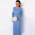 European and american cross-border women's fashion:  autumn new arrival - solid color long sleeve crew neck ribbed slim-fit slit maxi dress