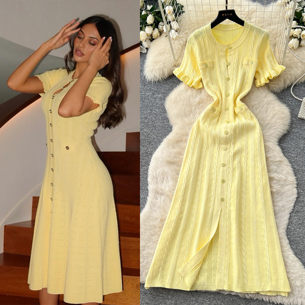 Export french tweed styleclassyfashionable buttoned silm short-sleeved knittingdress women's summer waist elegant