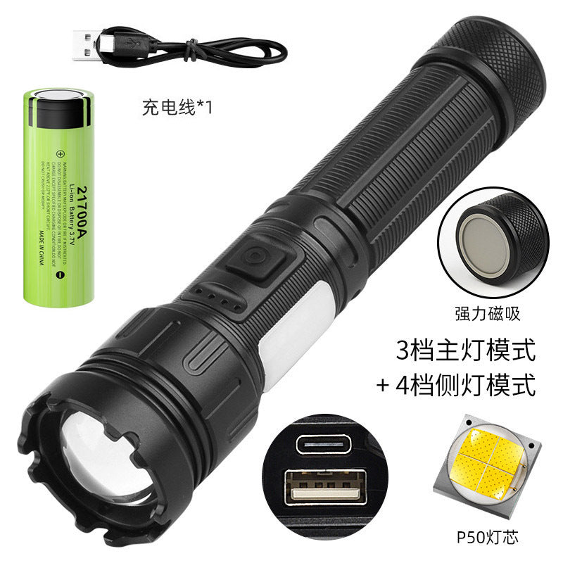 Cross-border new XHP90 + COB strong light flashlight USB charging outdoor zoom side light P160 LED flashlight