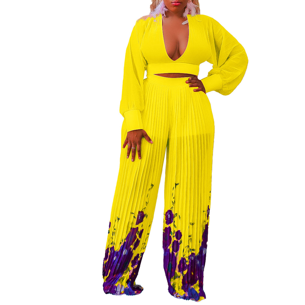 Independent station export wholesale v neck chiffon lantern sleeve tops pleated wide leg pants two-piece setfashionsuit