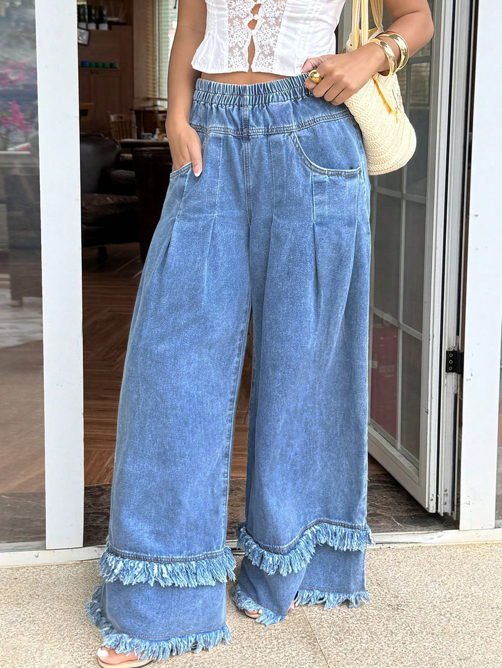 Fashionjeans women's elastic waist double-layer raw edge wide-leg mop pants soft washed denim casual
