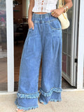 Fashionjeans women's elastic waist double-layer raw edge wide-leg mop pants soft washed denim casual