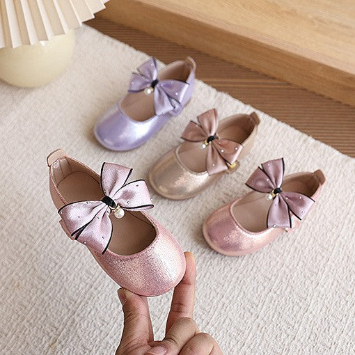 girls' pearlescent princess shoes,  spring/autumn new collection, bowknot pearl soft sole first walking shoes, little girl's dress shoes