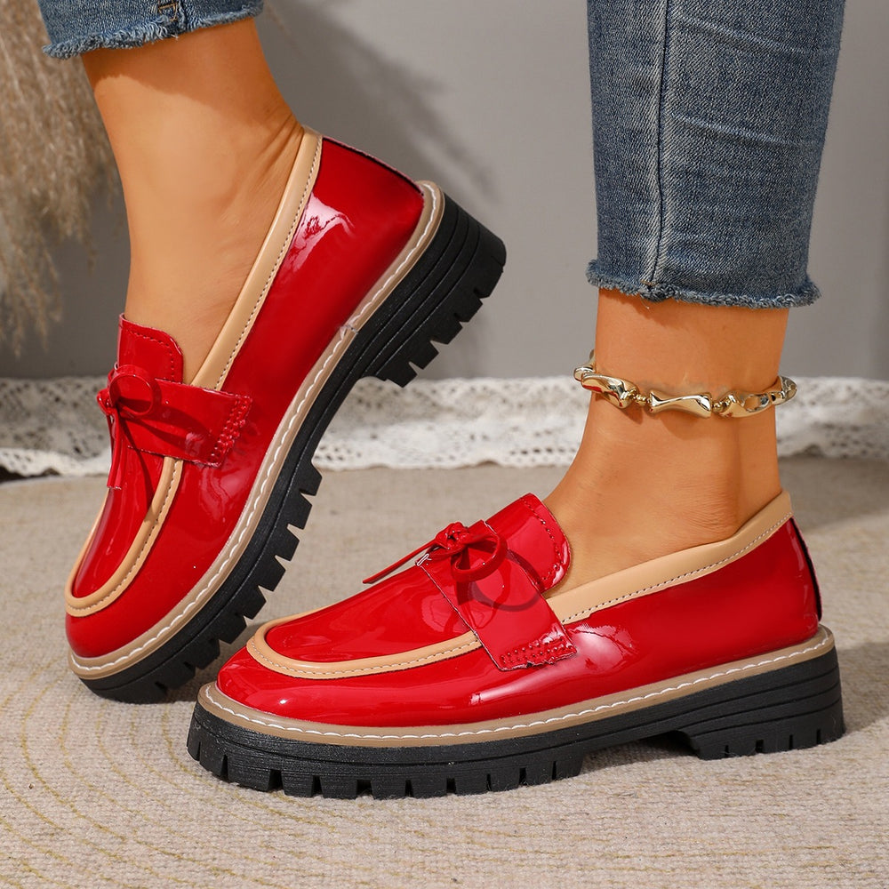 Plus size women's british style loafers -  spring/autumn new collection - shiny chunky heel bow detail casual shoes