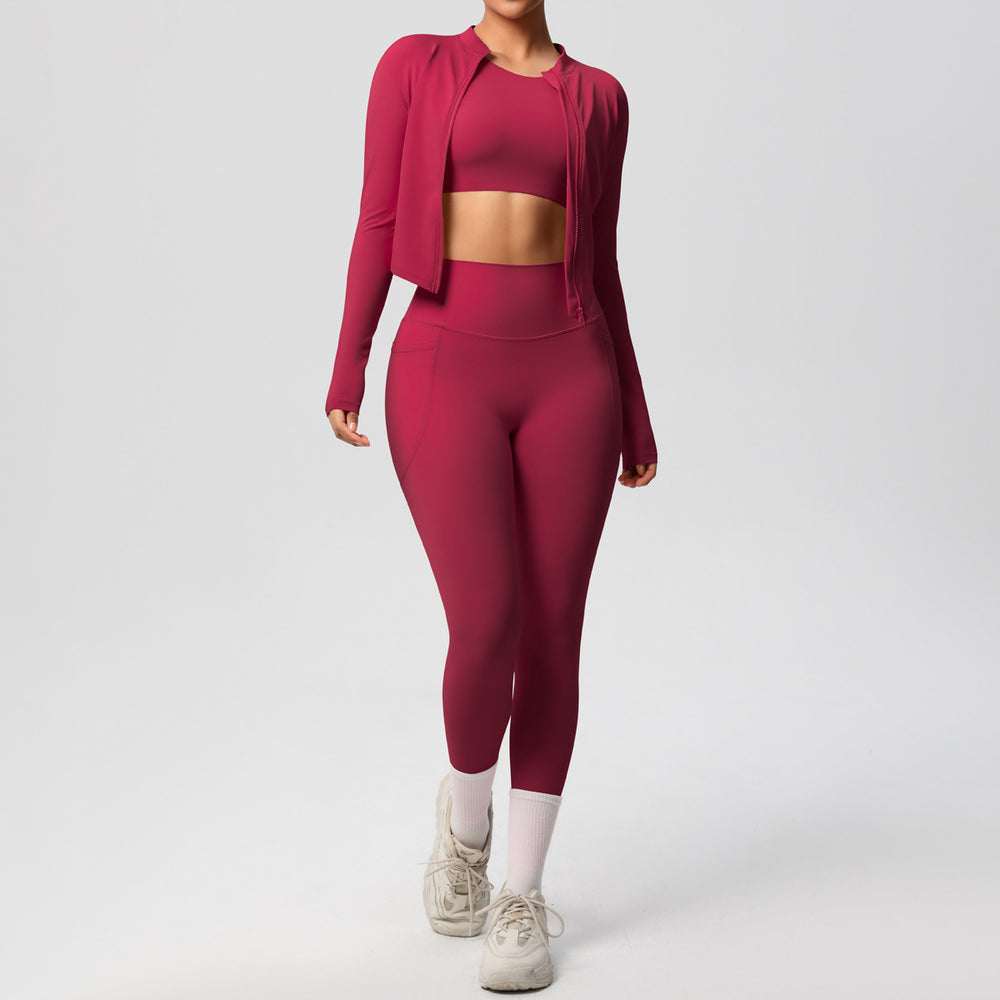 new cloud-soft brushed slim-fit long sleeve activewear set: includes a sporty jacket, casual peach lift leggings, and a yoga top – a three-piece workout outfit