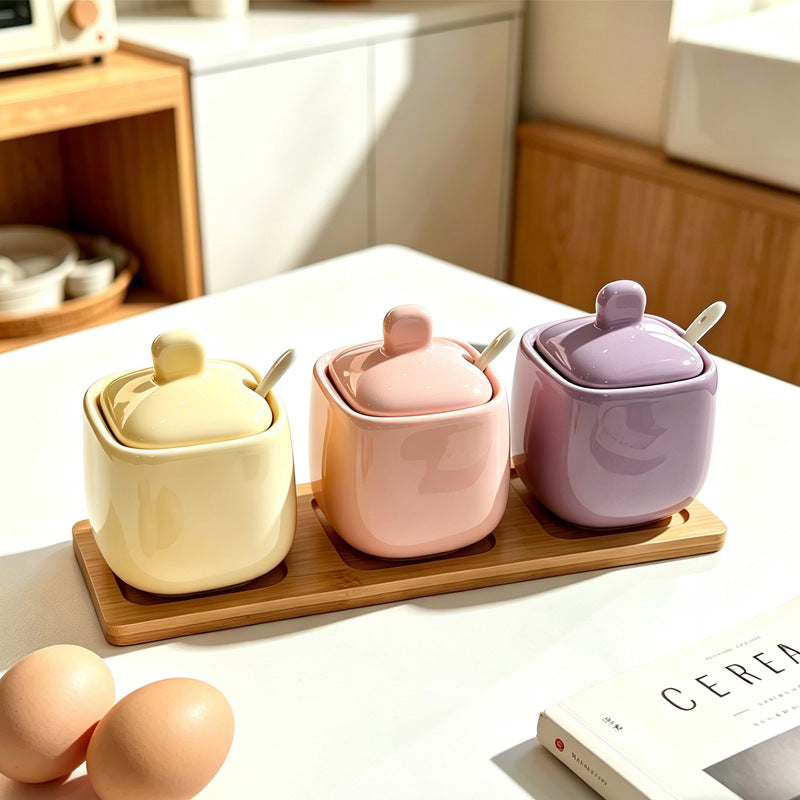 Wow, simple style seasoning jar ceramic seasoning box for home with lid wooden tray msg salt shaker round seasoning jar