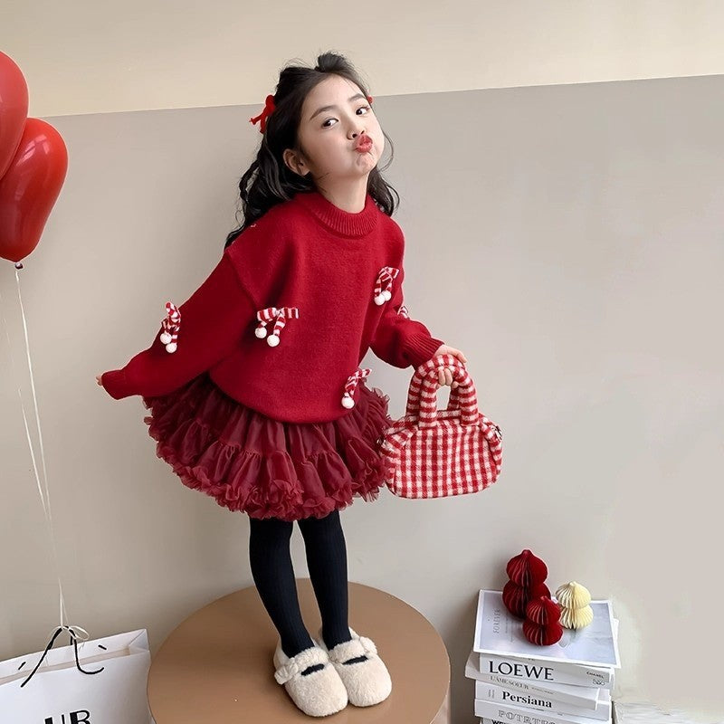 Girls' new year outfit: red sweater, winter knit top, stylish children's sweater,  new year's festive apparel