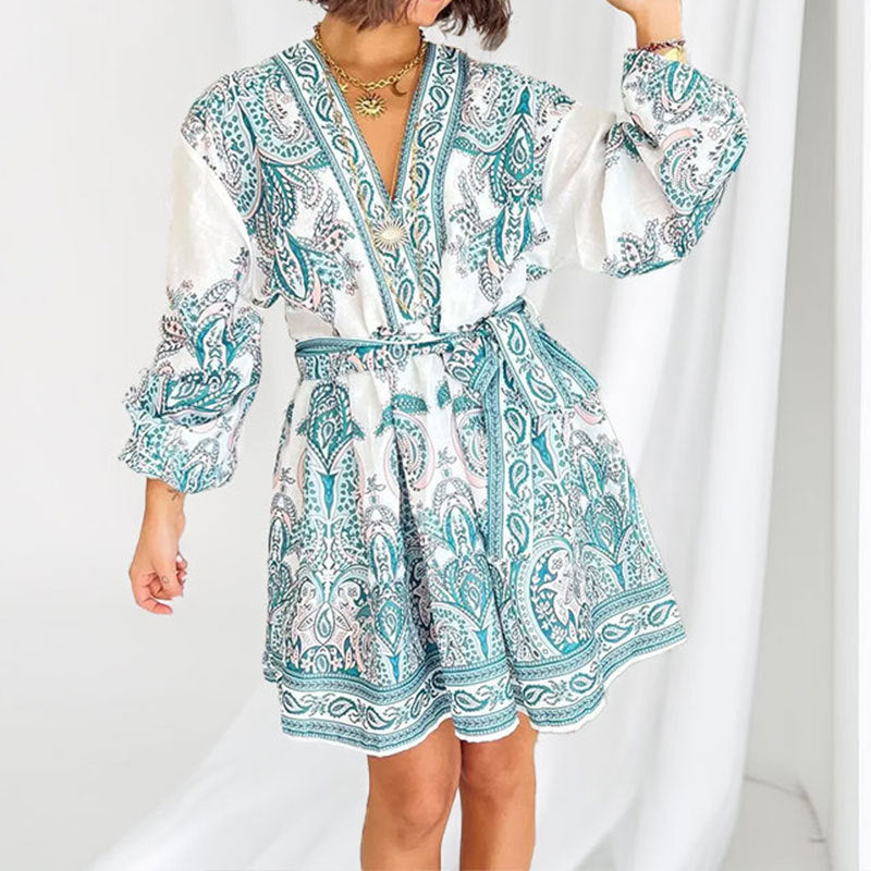 summer new arrivals: women's clothing - cross-border european & american hot seller - vintage print lantern sleeve v-neck tie-up dress