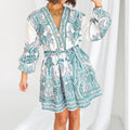 summer new arrivals: women's clothing - cross-border european & american hot seller - vintage print lantern sleeve v-neck tie-up dress