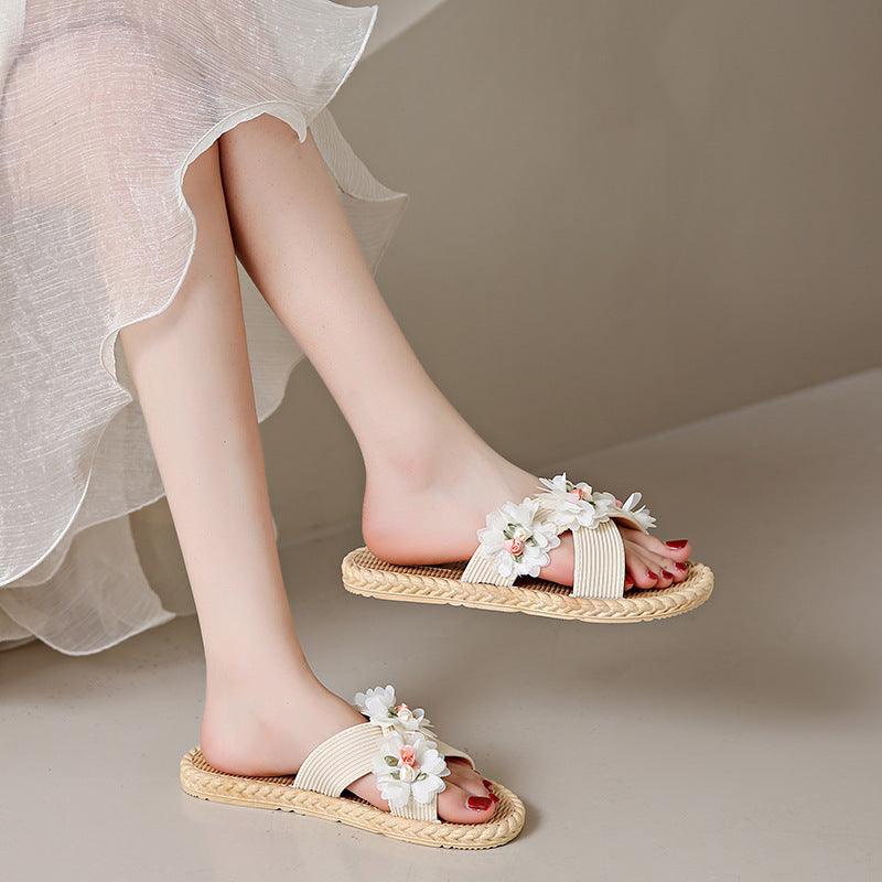 Fabric flower three-flower flip-flops women's summer outwearfashionabrasion resistantnon-slip cross-strap flats beach shoes women's sandals
