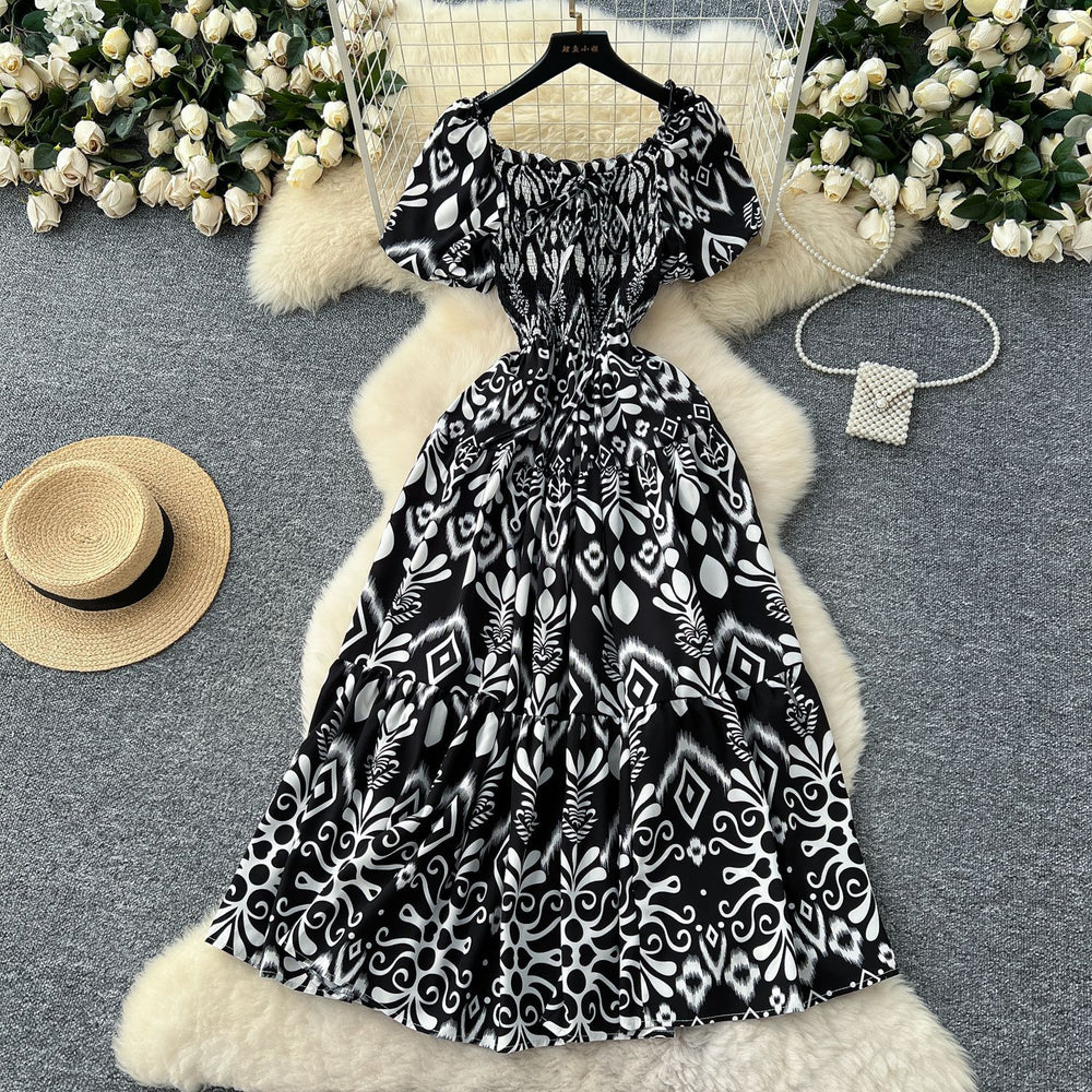 French retro square neck puff sleeve printed dress - women's  summer slimming a-line maxi dress