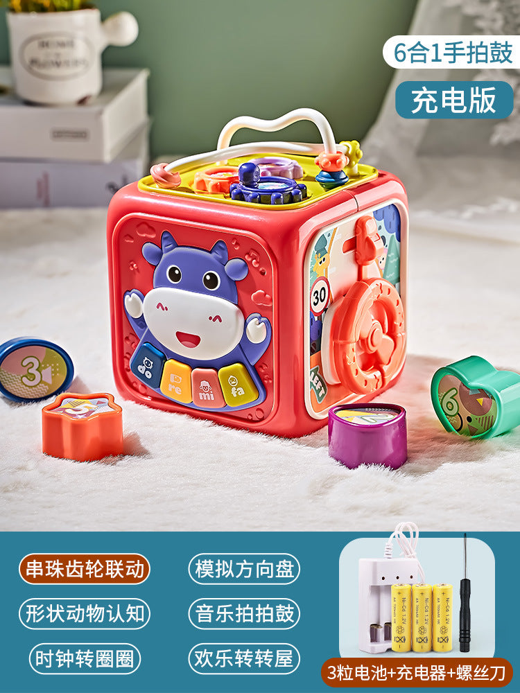 Baby multifunctional hexahedron children's educational early learning hand drum baby music patting drum toy shape recognition