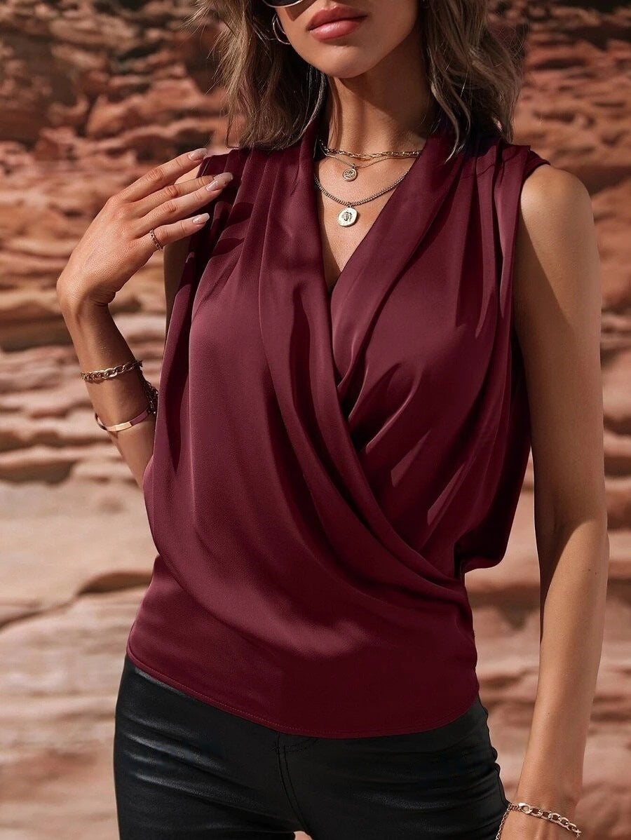Amazon women's spring/summer sleeveless satin blouse - european & american style, ruched tank top, new sexy shirt