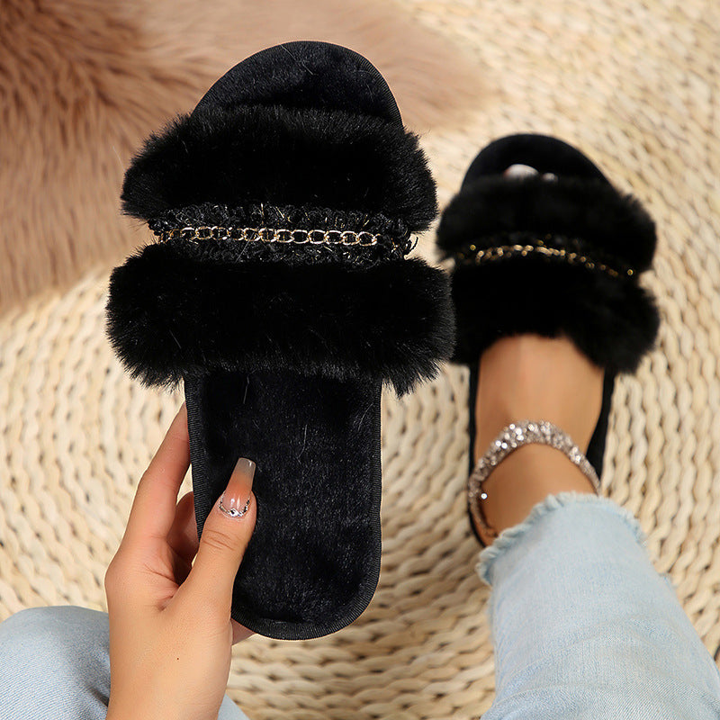 European style chain one-word flatsfleece-linedthick sole slippers women's indoor and outdoor winternew arrival cotton slippers one piece dropshipping women