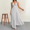 European and american style polka dot halter dress, asymmetrical summer new arrival, french v-neck, cinched waist, flared skirt