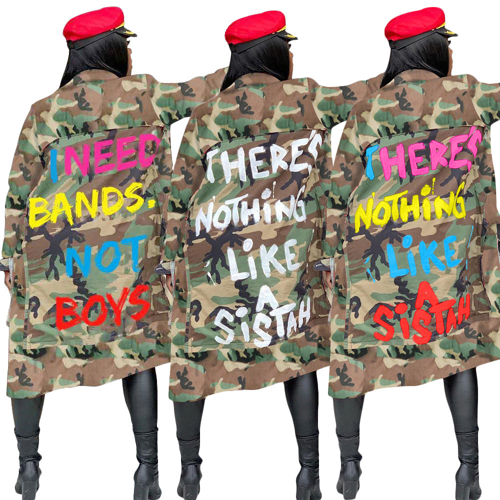 S3726 european and american style long casual fashion camouflage print patchwork jacket for women
