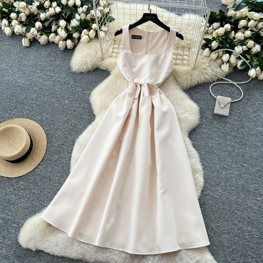 French chic sleeveless square neck dress - summer edition: butterfly knot waist, slimming, elegant hepburn style maxi dress