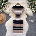 Korean style color block striped knit dress - women's 2026 summer slim fit short sleeve a-line dress - commute chic