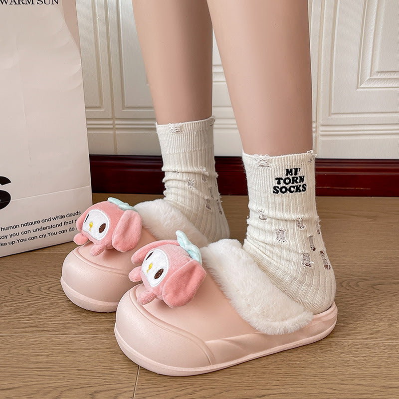 Platform chunky sole white fuzzy slippers - women's outerwear shoes, new autumn/winter 2024 collection, versatile home slippers